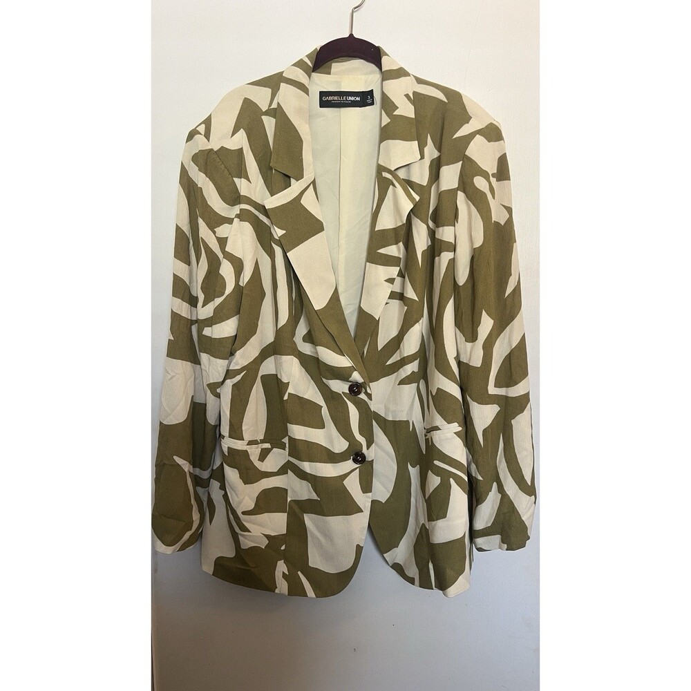 Fashion to Figure Olive Ivory Geometric Blazer Women Size 3 Lined Long Sleeve